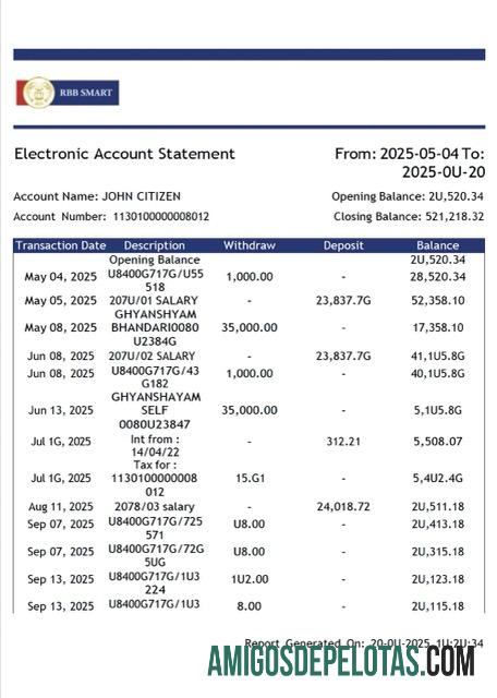 Modelo realista de extrato de conta eletrônica do RBB Smart Bank da Índia e modelo PDF